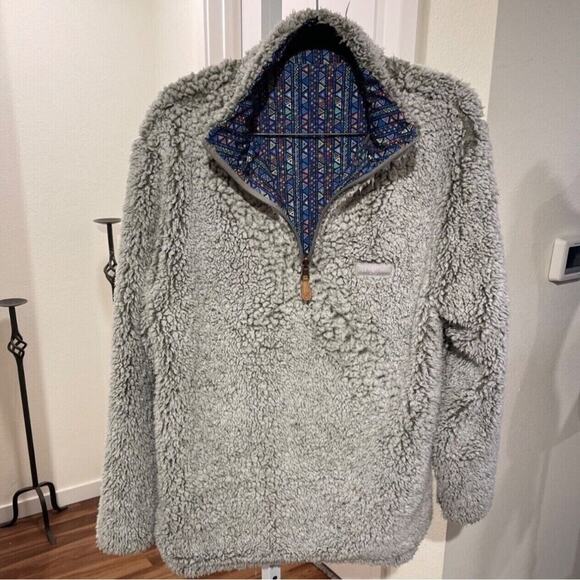 USA Palm Men Large Reversible Sherpa 1/4 Zip Pullover Jacket Gray Blue Geometric - Picture 1 of 16